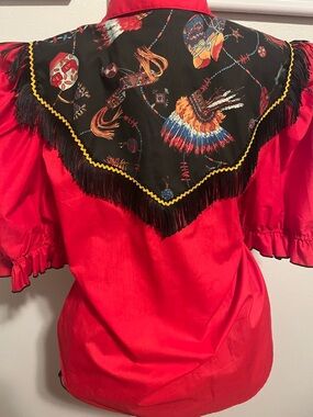 Red Western Fringe Button-Down Shirt with Printed Yoke